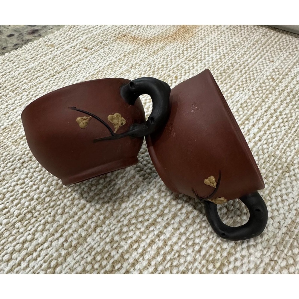 Yixing Zisha Clay Tea Cups Set of 2 Brown Plum Blossom Traditional Good Small